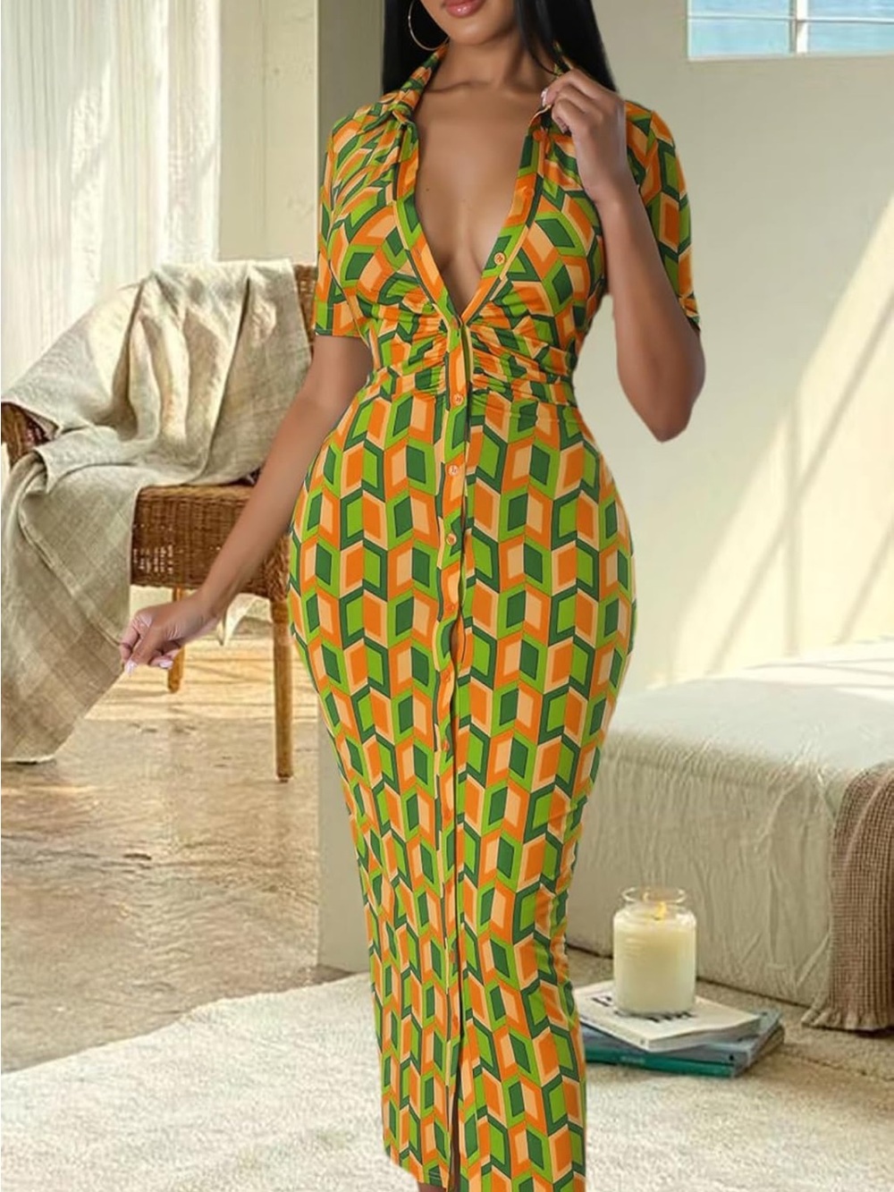 Geometric Print Button-Front Maxi Dress in Green & Orange